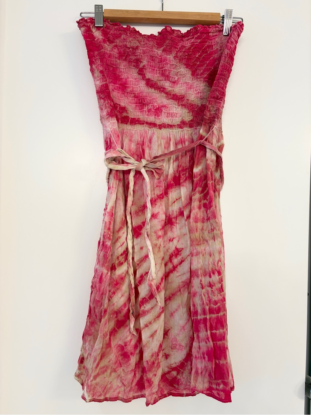 Strapless Pink Tie-Dye Smocked Summer Dress with Waist Tie